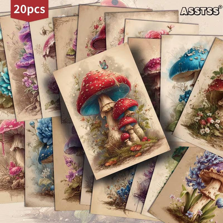 Retro Fantasy Mushroom Illustration Cards – Set of 20 Vintage Pin-Up Style Paper Cards Scrapbook Paper