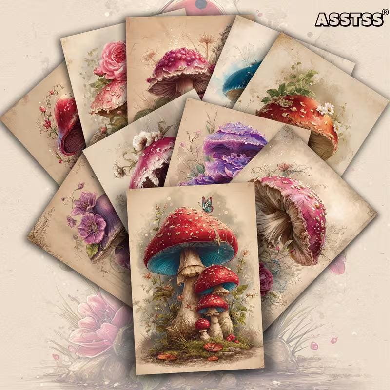 Retro Fantasy Mushroom Illustration Cards – Set of 20 Vintage Pin-Up Style Paper Cards Scrapbook Paper