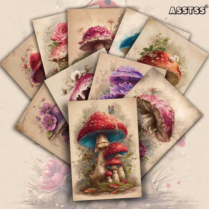 Retro Fantasy Mushroom Illustration Cards – Set of 20 Vintage Pin-Up Style Paper Cards Scrapbook Paper
