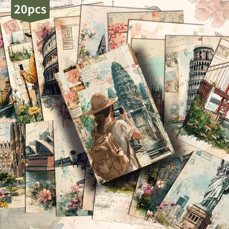 Vintage Travel Illustration Cards – Set of 20 Retro Pin-Up & Landmark Paper Cards Scrapbook Paper