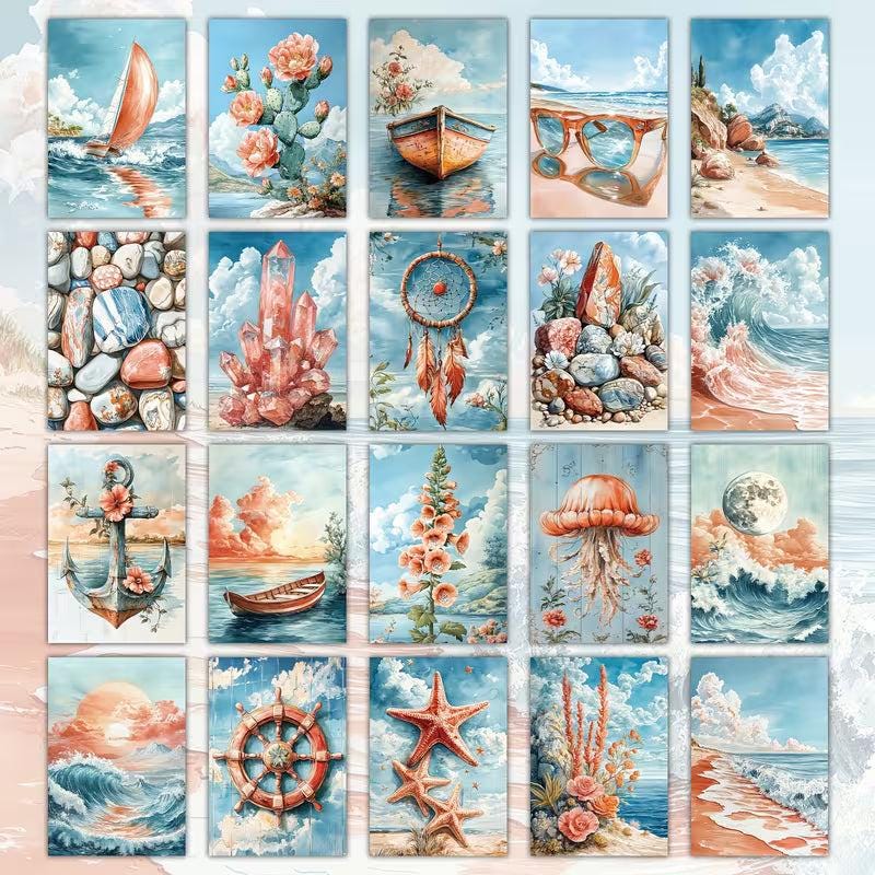 Vintage Jellyfish & Sailing Ship Illustration Cards – Set of 20 Pin-Up Style Paper Cards Scrapbook Paper
