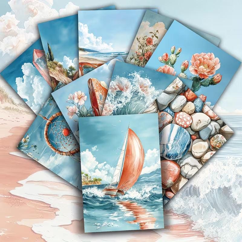 Vintage Jellyfish & Sailing Ship Illustration Cards – Set of 20 Pin-Up Style Paper Cards Scrapbook Paper