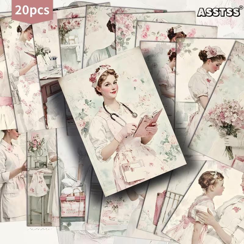 Retro Nurse Portrait Illustration Cards – Set of 20 Vintage Pin-Up Style Paper Cards Scrapbook Paper
