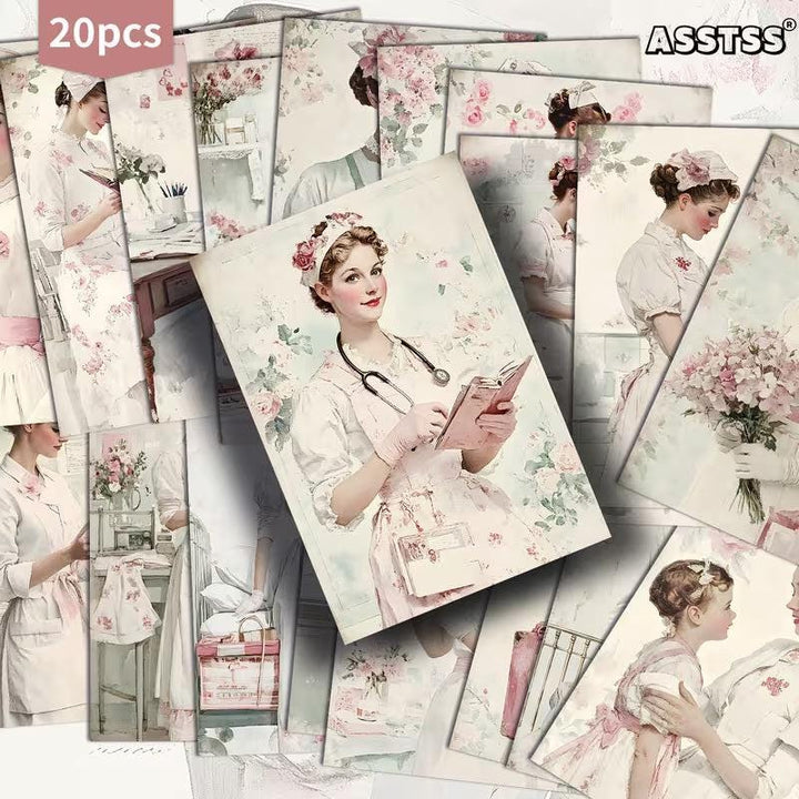 Retro Nurse Portrait Illustration Cards – Set of 20 Vintage Pin-Up Style Paper Cards Scrapbook Paper