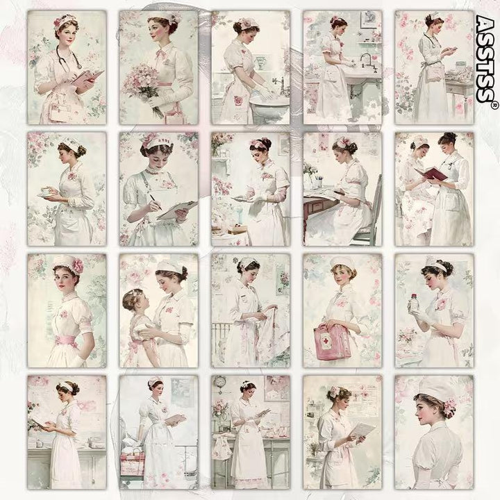 Retro Nurse Portrait Illustration Cards – Set of 20 Vintage Pin-Up Style Paper Cards Scrapbook Paper