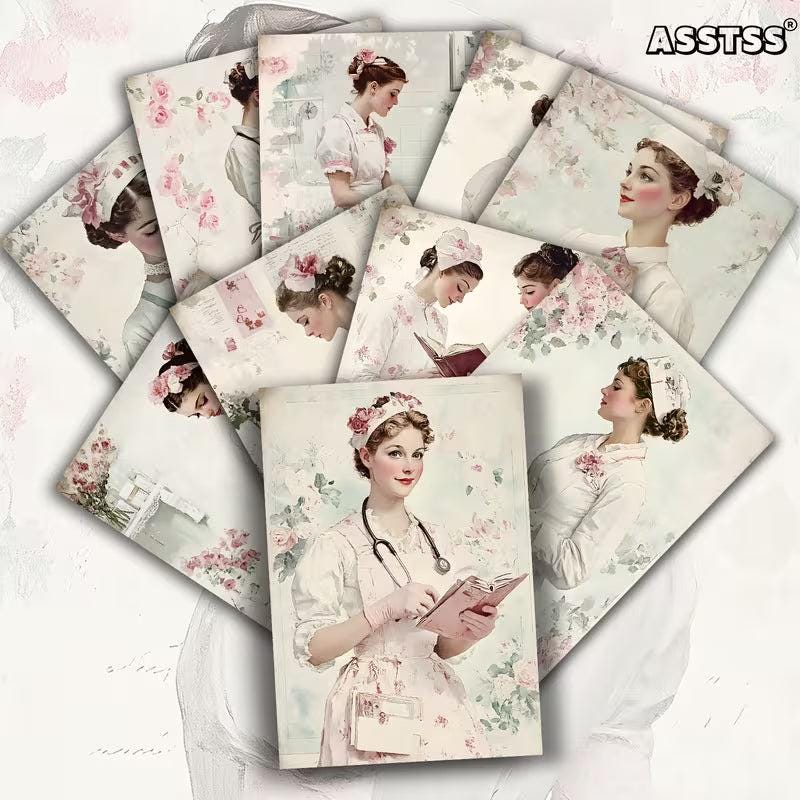 Retro Nurse Portrait Illustration Cards – Set of 20 Vintage Pin-Up Style Paper Cards Scrapbook Paper