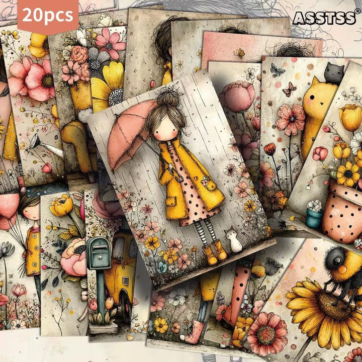 Retro Pin-Up & Floral Illustration Cards – Set of 20 Vintage Cards Scrapbook Paper