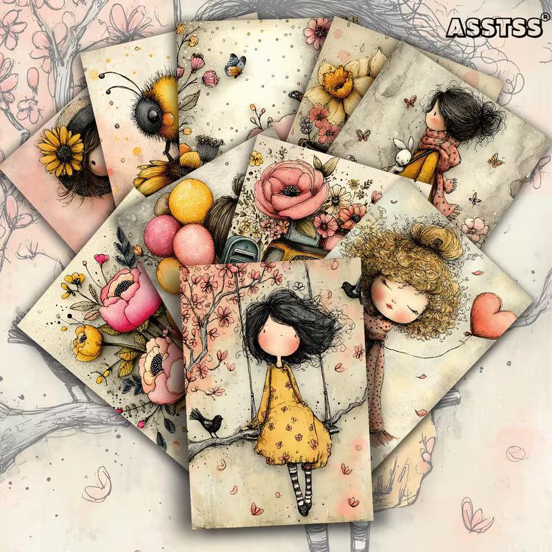 Retro Pin-Up & Floral Illustration Cards – Set of 20 Vintage Cards Scrapbook Paper