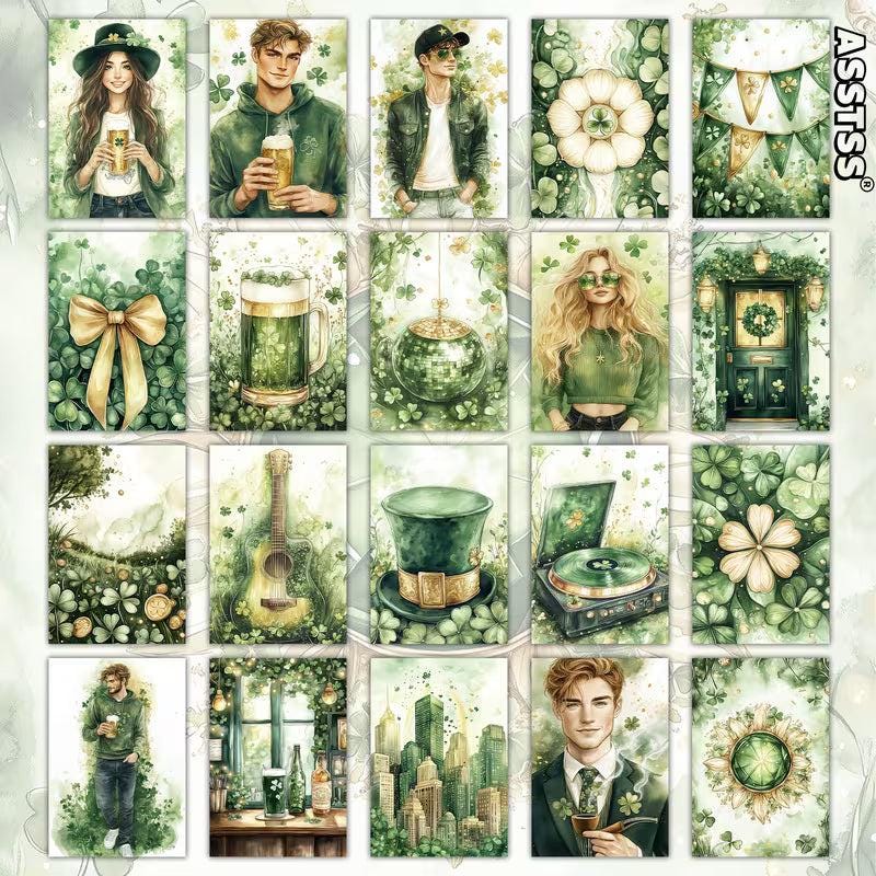 St Patrick's Day Retro Illustration Cards – Set of 20 Vintage Pin-Up Style Paper Cards Scrapbook Paper