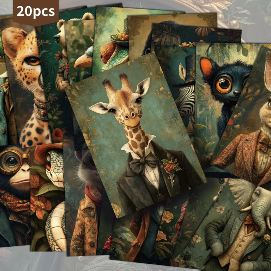 Set of 20 Vintage Jungle Animal Postcards | Victorian Style Giraffe & Elephant Cards | Junk Journal Collage Supplies 4x6 in