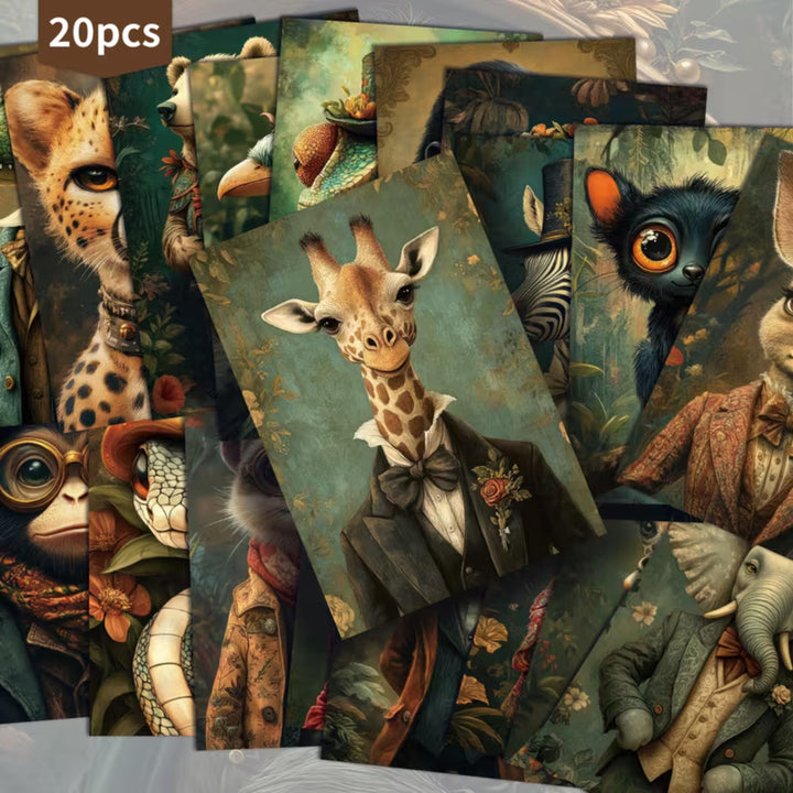 Set of 20 Vintage Jungle Animal Postcards | Victorian Style Giraffe & Elephant Cards | Junk Journal Collage Supplies 4x6 in