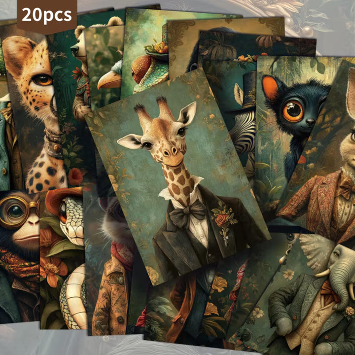 Set of 20 Vintage Jungle Animal Postcards | Victorian Style Giraffe & Elephant Cards | Junk Journal Collage Supplies 4x6 in