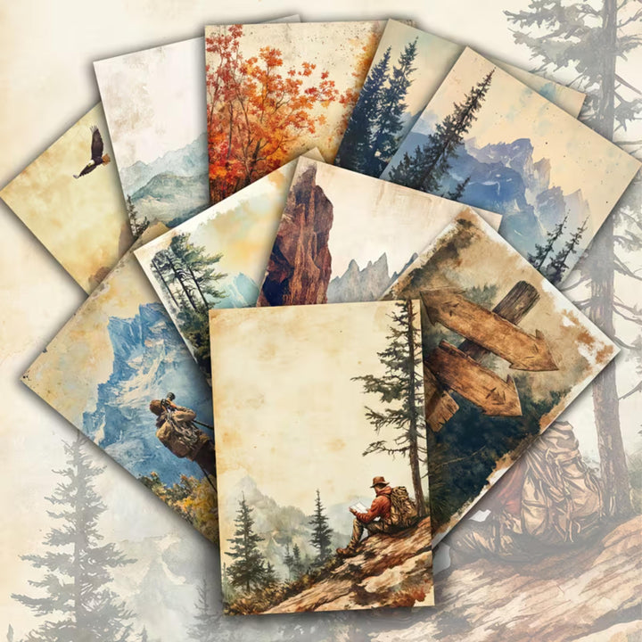 Set of 20 Vintage Hiking & Nature Cards 4x6 in | Rustic Landscape Ephemera for Junk Journal, Scrapbooking Collage