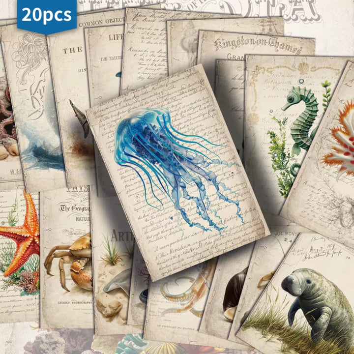 Set of 20 Vintage Sea Life Ephemera Cards 4x6 in | Ocean Animals Junk Journal Cards, Nautical Scrapbook Paper & Marine Collage Pack