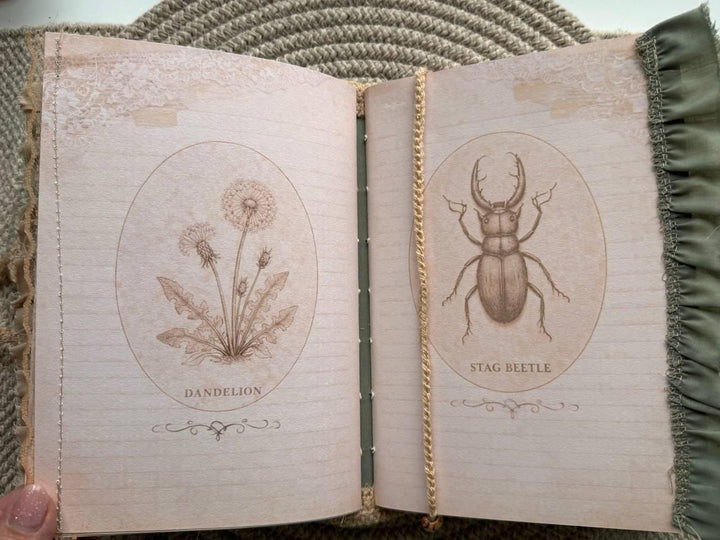 Botanical Junk Journal Handmade Vintage А5| Cottagecore Nature Journal with Lace, Fabric Cover, Botanical Ephemera Notebook