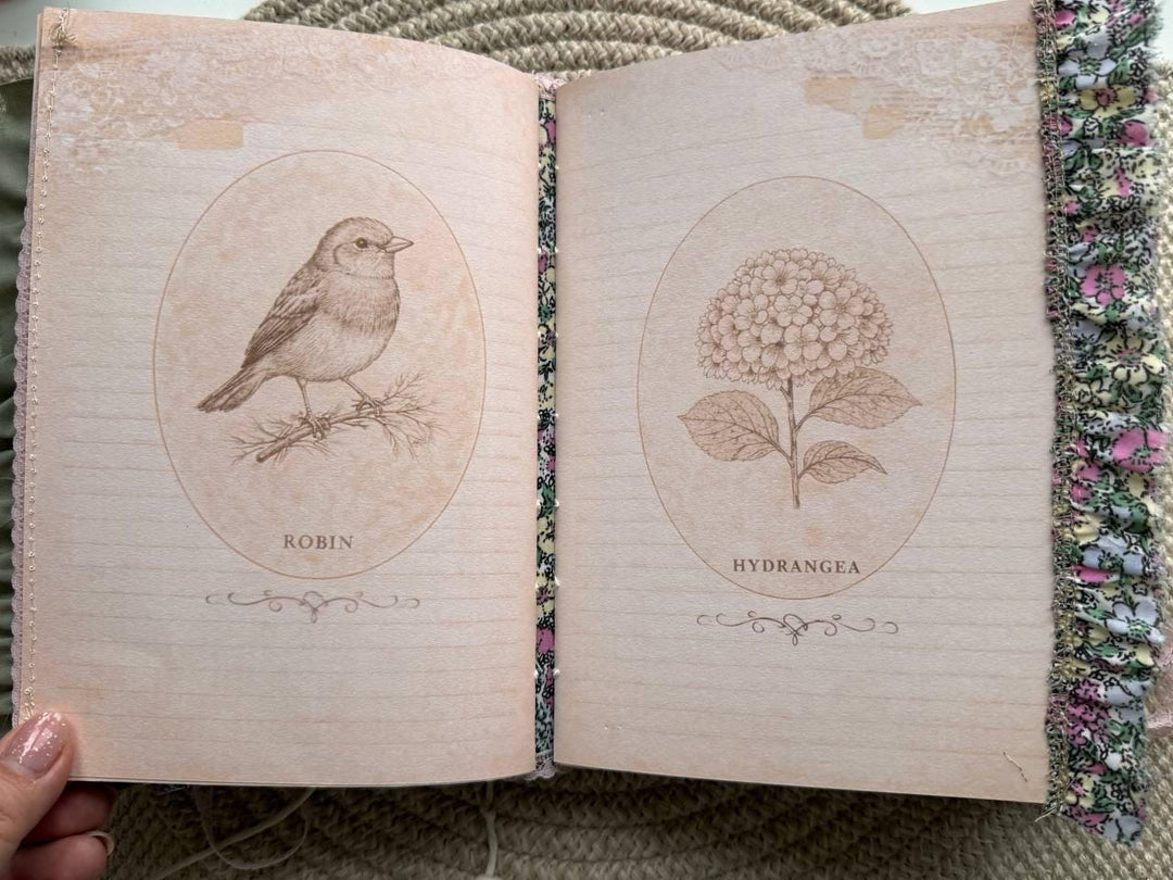 Handmade Botanical Junk Journal | Cottagecore Fabric Journal with Lace, Vintage Papers, Botanical Ephemera Notebook