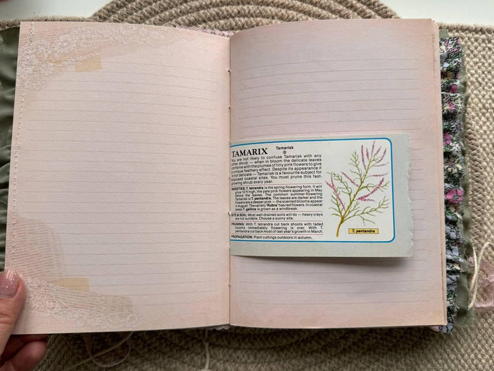 Handmade Botanical Junk Journal | Cottagecore Fabric Journal with Lace, Vintage Papers, Botanical Ephemera Notebook