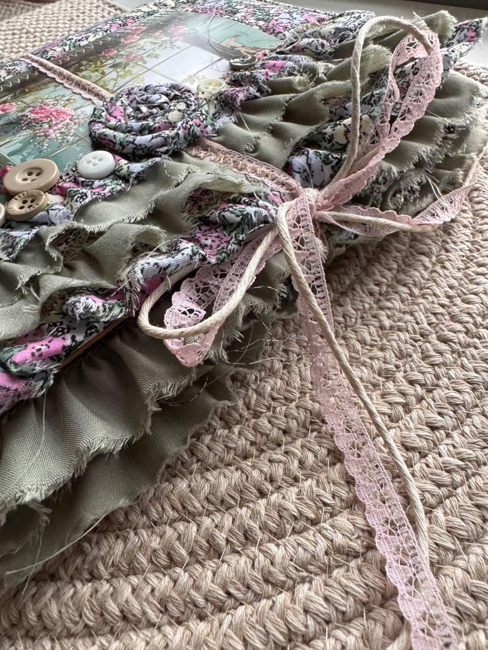 Handmade Botanical Junk Journal | Cottagecore Fabric Journal with Lace, Vintage Papers, Botanical Ephemera Notebook