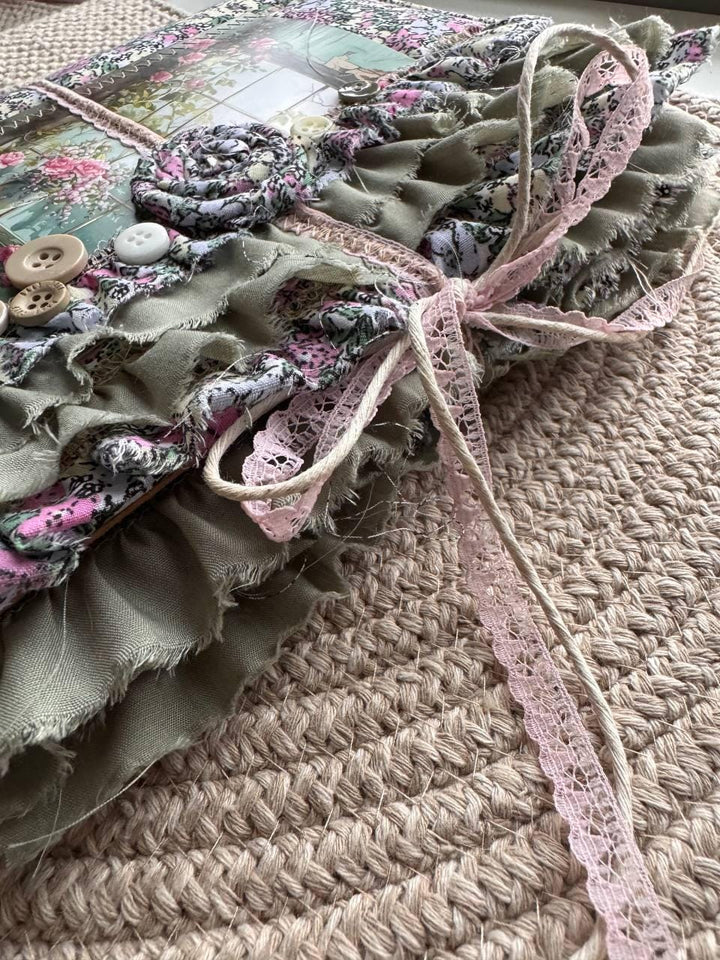 Handmade Botanical Junk Journal | Cottagecore Fabric Journal with Lace, Vintage Papers, Botanical Ephemera Notebook