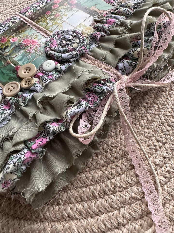 Handmade Botanical Junk Journal | Cottagecore Fabric Journal with Lace, Vintage Papers, Botanical Ephemera Notebook