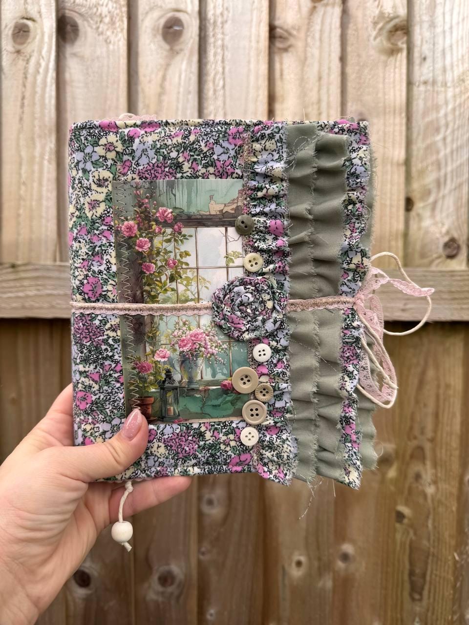 Handmade Botanical Junk Journal | Cottagecore Fabric Journal with Lace, Vintage Papers, Botanical Ephemera Notebook