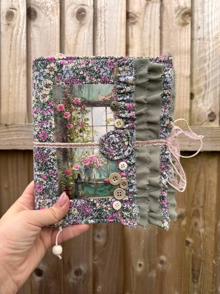 Handmade Botanical Junk Journal | Cottagecore Fabric Journal with Lace, Vintage Papers, Botanical Ephemera Notebook