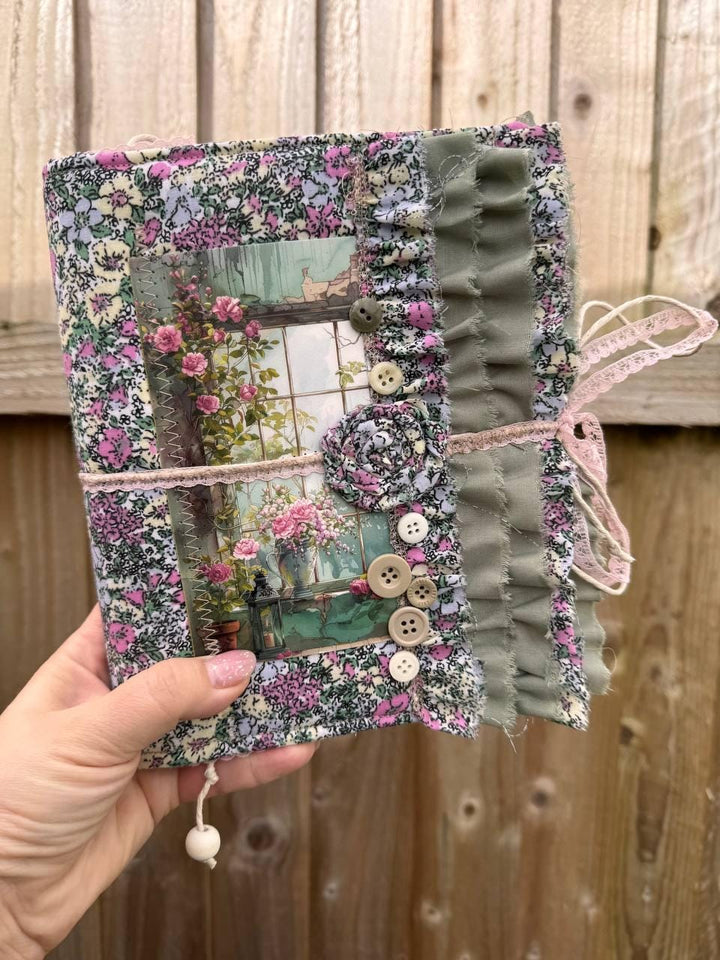 Handmade Botanical Junk Journal | Cottagecore Fabric Journal with Lace, Vintage Papers, Botanical Ephemera Notebook