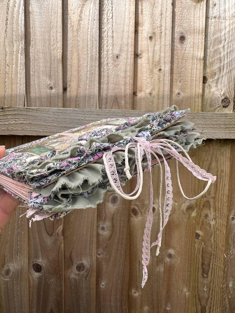 Handmade Botanical Junk Journal | Cottagecore Fabric Journal with Lace, Vintage Papers, Botanical Ephemera Notebook