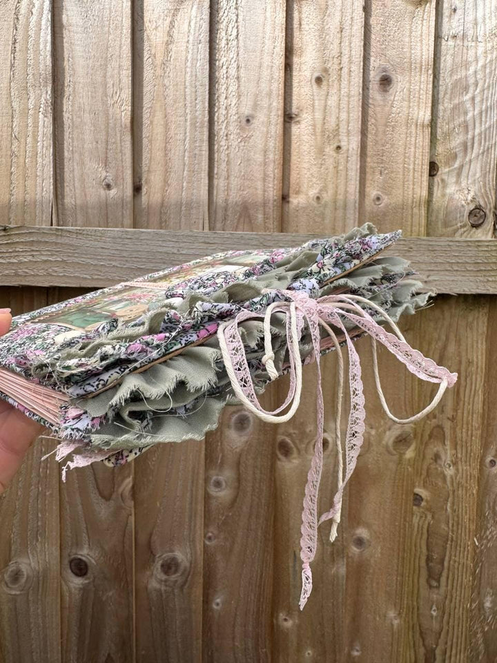 Handmade Botanical Junk Journal | Cottagecore Fabric Journal with Lace, Vintage Papers, Botanical Ephemera Notebook