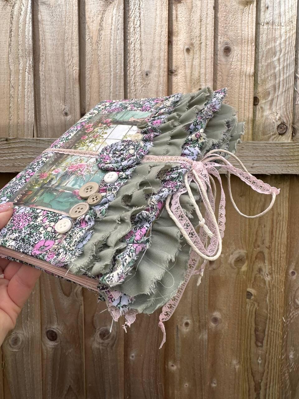 Handmade Botanical Junk Journal | Cottagecore Fabric Journal with Lace, Vintage Papers, Botanical Ephemera Notebook