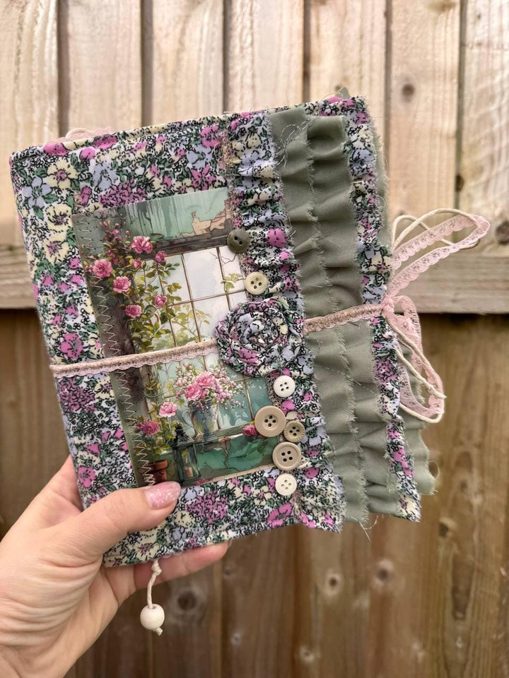 Handmade Botanical Junk Journal | Cottagecore Fabric Journal with Lace, Vintage Papers, Botanical Ephemera Notebook