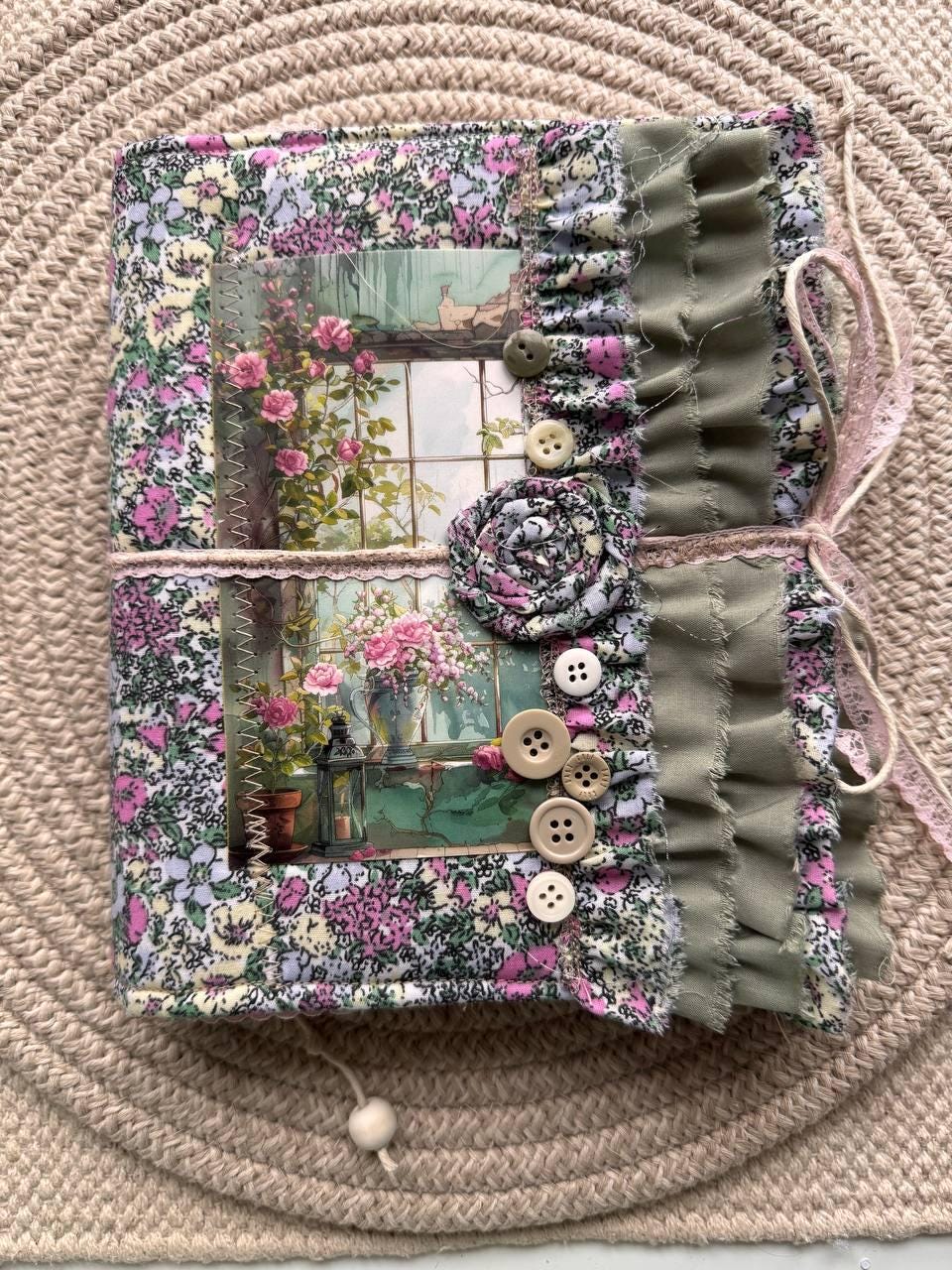 Handmade Botanical Junk Journal | Cottagecore Fabric Journal with Lace, Vintage Papers, Botanical Ephemera Notebook