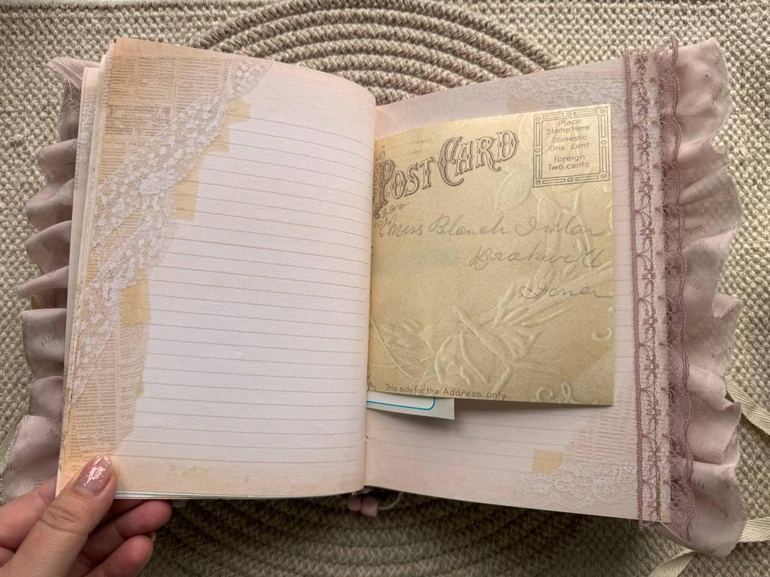 Handmade Botanical Junk Journal, Cottagecore Fabric Journal, Vintage Ephemera Notebook with Lace Ruffles, Romantic Nature Journal
