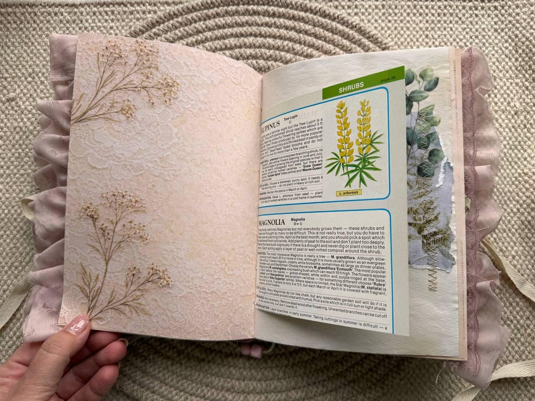 Handmade Botanical Junk Journal, Cottagecore Fabric Journal, Vintage Ephemera Notebook with Lace Ruffles, Romantic Nature Journal