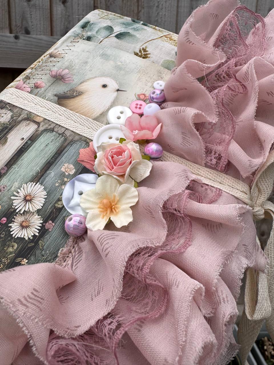 Handmade Botanical Junk Journal, Cottagecore Fabric Journal, Vintage Ephemera Notebook with Lace Ruffles, Romantic Nature Journal