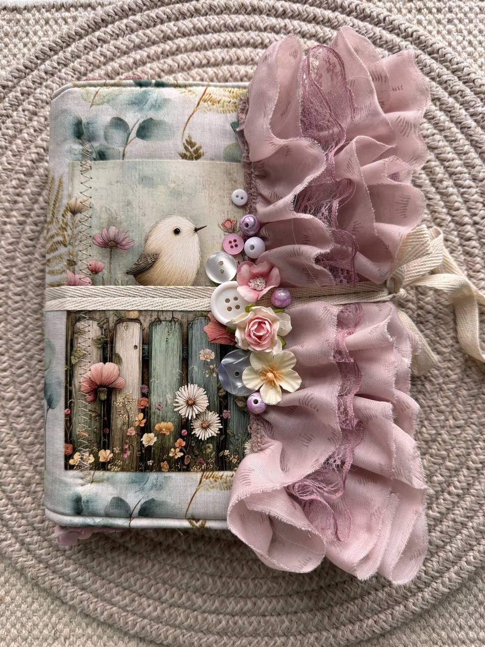 Handmade Botanical Junk Journal, Cottagecore Fabric Journal, Vintage Ephemera Notebook with Lace Ruffles, Romantic Nature Journal