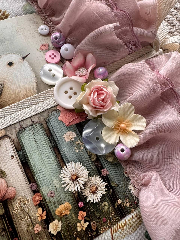 Handmade Botanical Junk Journal, Cottagecore Fabric Journal, Vintage Ephemera Notebook with Lace Ruffles, Romantic Nature Journal