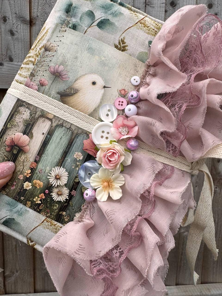 Handmade Botanical Junk Journal, Cottagecore Fabric Journal, Vintage Ephemera Notebook with Lace Ruffles, Romantic Nature Journal