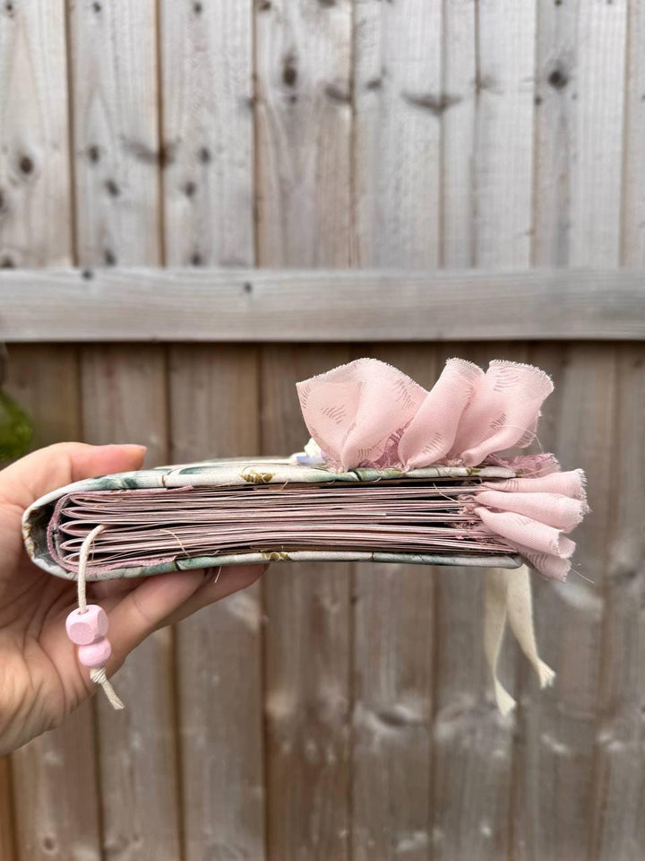 Handmade Botanical Junk Journal, Cottagecore Fabric Journal, Vintage Ephemera Notebook with Lace Ruffles, Romantic Nature Journal
