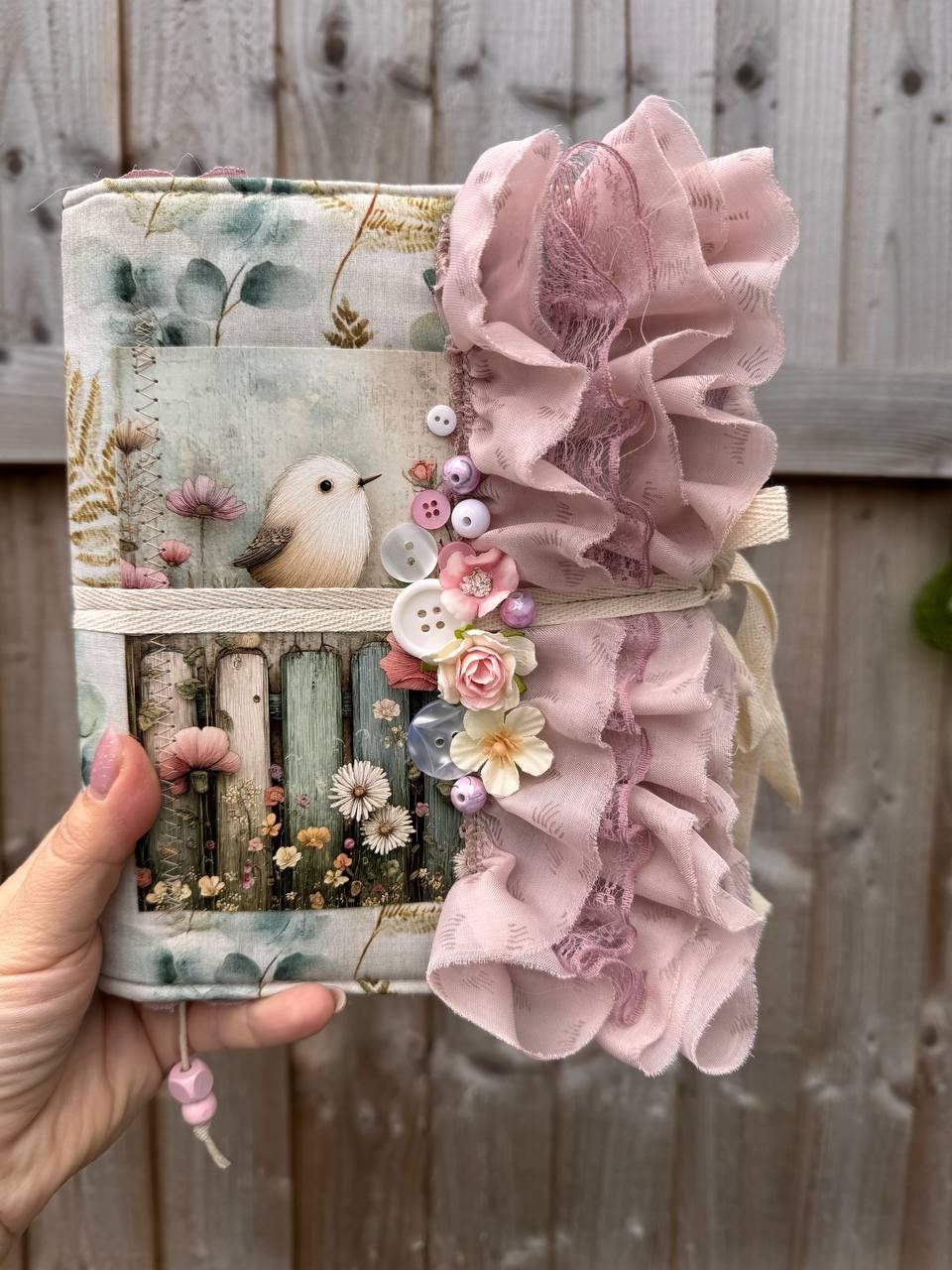 Handmade Botanical Junk Journal, Cottagecore Fabric Journal, Vintage Ephemera Notebook with Lace Ruffles, Romantic Nature Journal