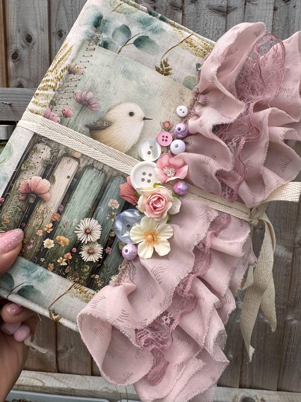 Handmade Botanical Junk Journal, Cottagecore Fabric Journal, Vintage Ephemera Notebook with Lace Ruffles, Romantic Nature Journal