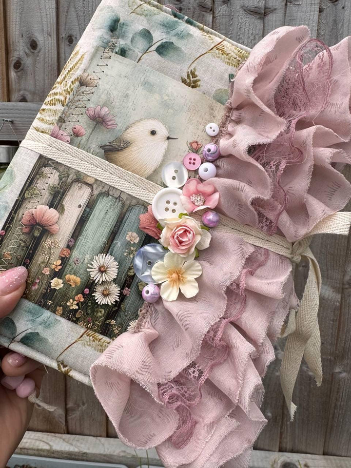 Handmade Botanical Junk Journal, Cottagecore Fabric Journal, Vintage Ephemera Notebook with Lace Ruffles, Romantic Nature Journal