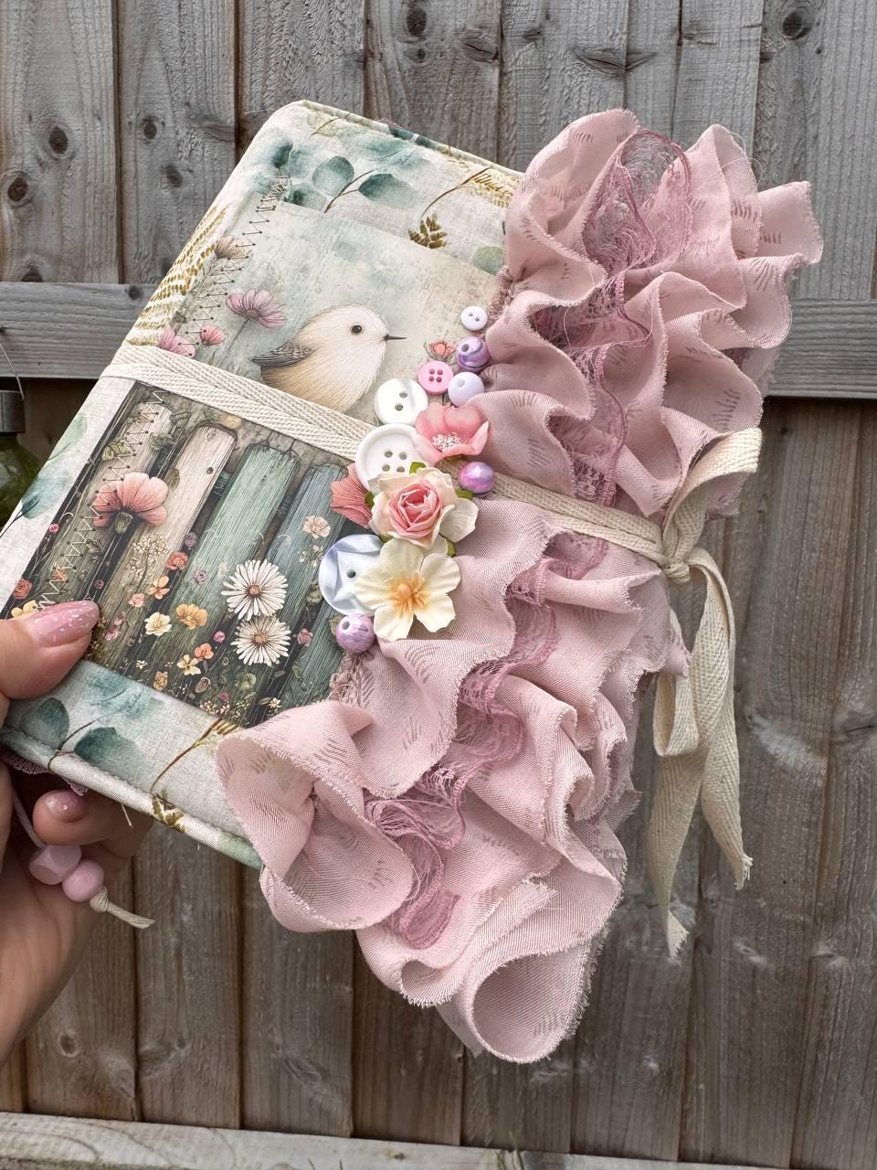 Handmade Botanical Junk Journal, Cottagecore Fabric Journal, Vintage Ephemera Notebook with Lace Ruffles, Romantic Nature Journal
