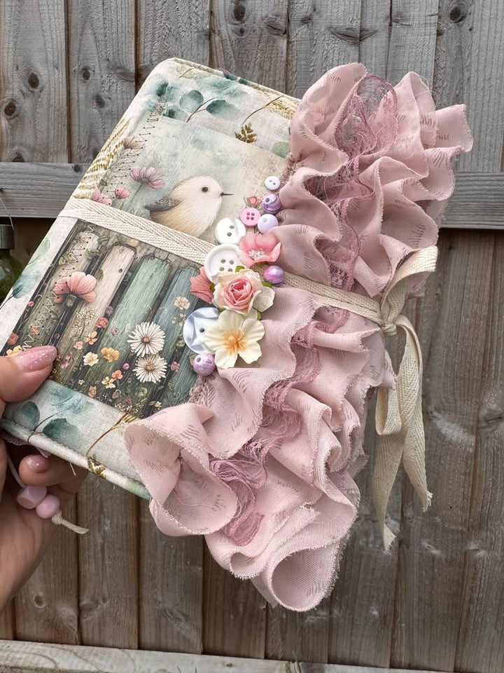 Handmade Botanical Junk Journal, Cottagecore Fabric Journal, Vintage Ephemera Notebook with Lace Ruffles, Romantic Nature Journal