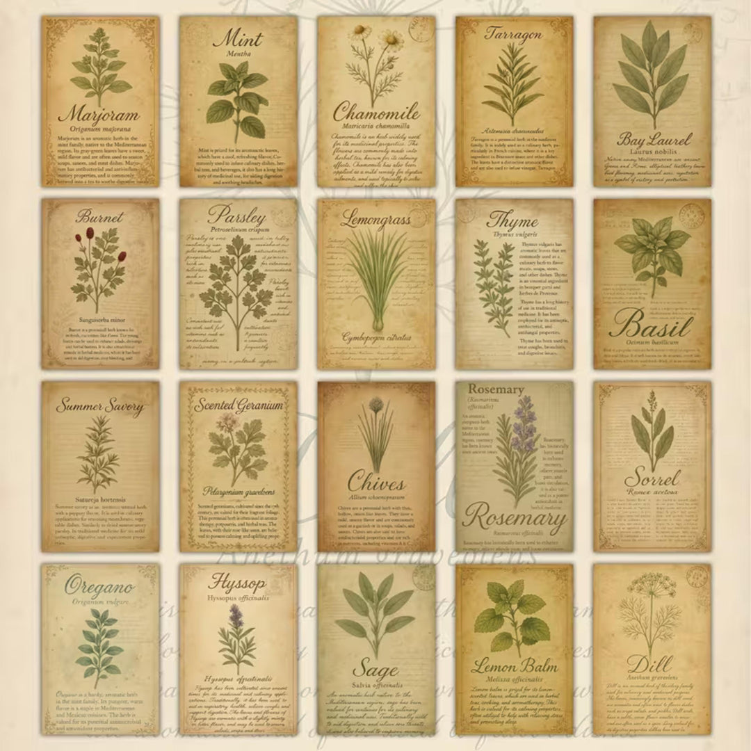 Vintage Botanical Herb Cards Set of 20, Antique Plant Illustration Ephemera, Junk Journal Scrapbooking Paper, Cottage Garden Collage Cards