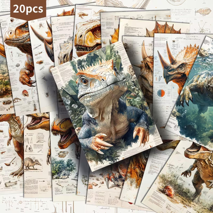 Set of 20 Vintage Dinosaur Ephemera Cards 4x6 in | Prehistoric Illustration Scrapbook Paper for Junk Journal, Collage & Craft