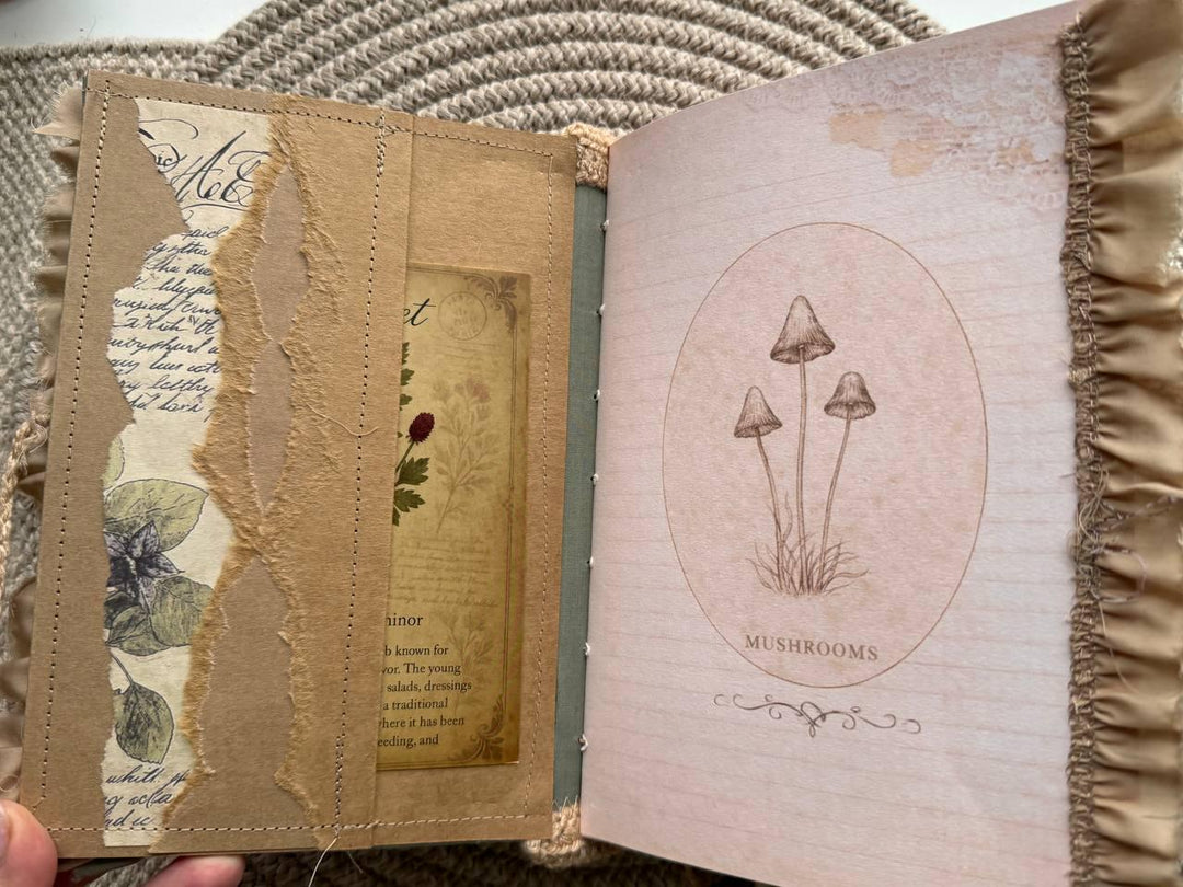 Botanical Junk Journal Handmade Vintage А5| Cottagecore Nature Journal with Lace, Fabric Cover, Botanical Ephemera Notebook