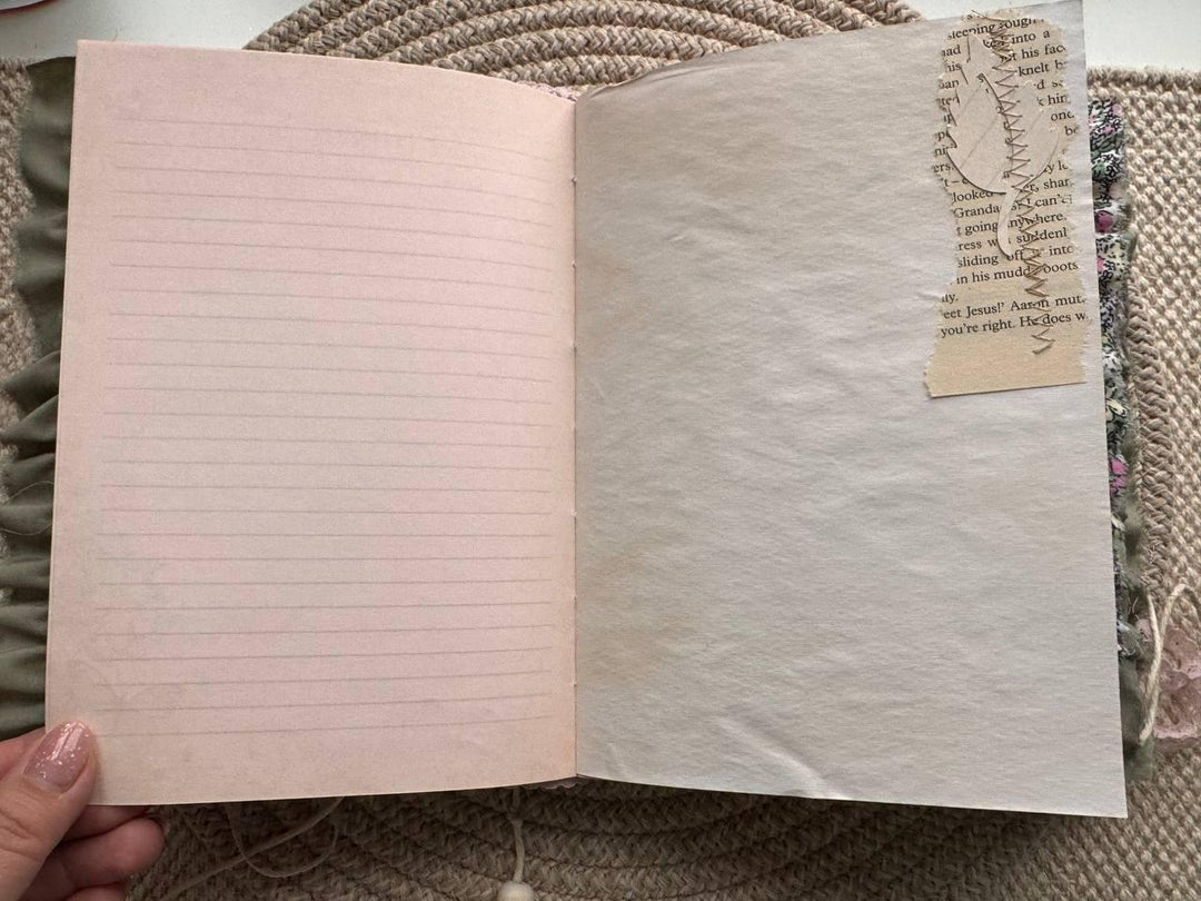 Handmade Botanical Junk Journal | Cottagecore Fabric Journal with Lace, Vintage Papers, Botanical Ephemera Notebook