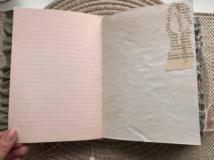 Handmade Botanical Junk Journal | Cottagecore Fabric Journal with Lace, Vintage Papers, Botanical Ephemera Notebook