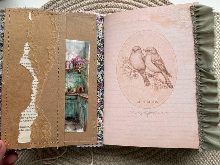 Handmade Botanical Junk Journal | Cottagecore Fabric Journal with Lace, Vintage Papers, Botanical Ephemera Notebook